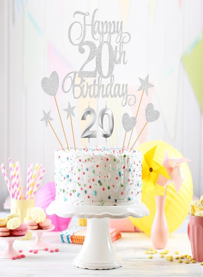 Lecferrarc 20th Birthday Cake Decorations, 20th Birthday Candles Cake Numeral Candles and Glitter Happy 20th Birthday Cake Toppers Set for Birthday Party Supplies (Silver) - Image 5
